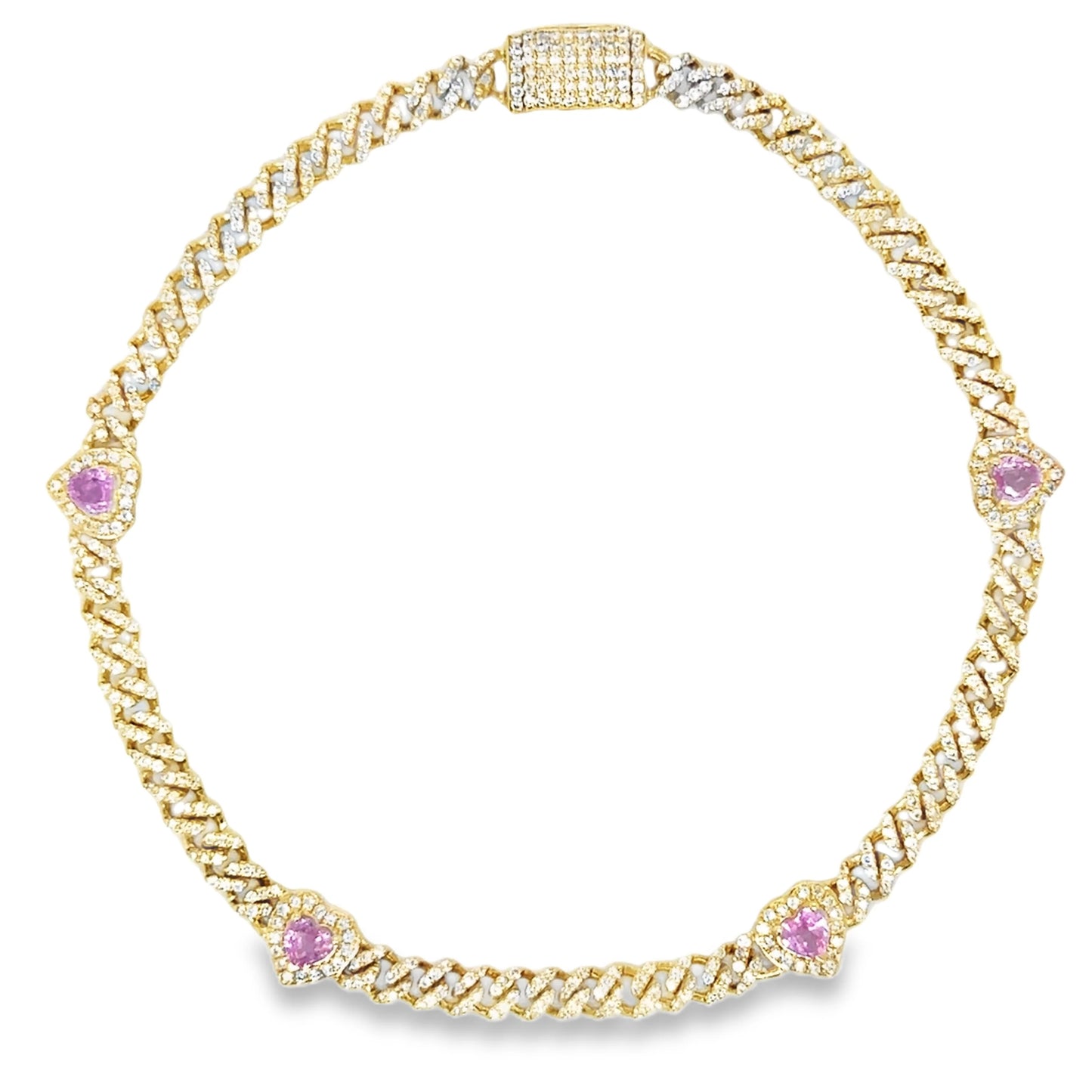 14KT GOLD PINK SAPPHIRE AND DIAMONDS HEART CUBAN BRACELET