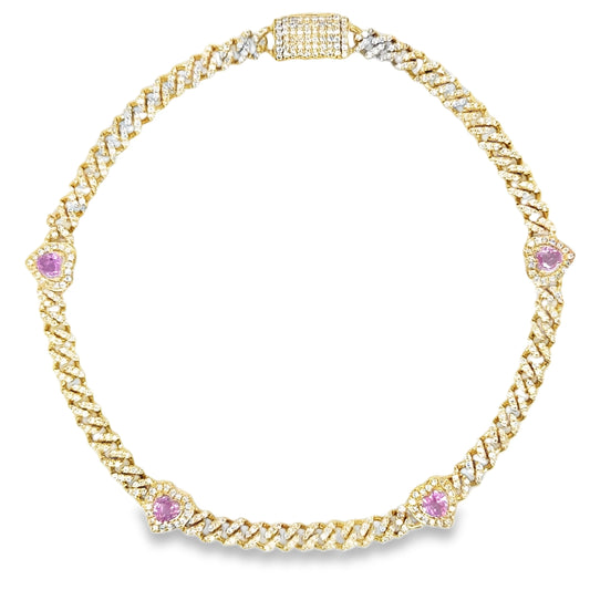 14KT GOLD PINK SAPPHIRE AND DIAMONDS HEART CUBAN BRACELET