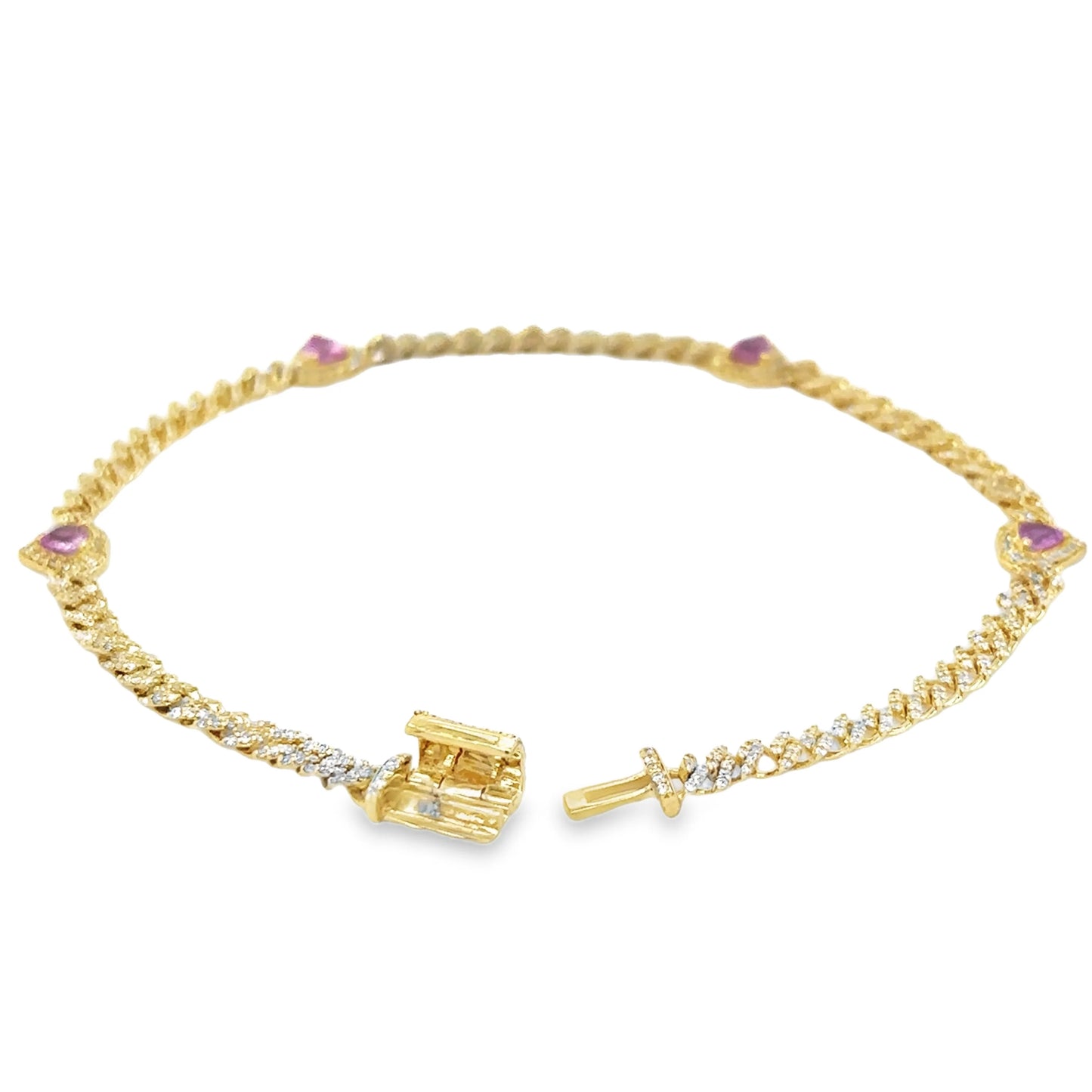 14KT GOLD PINK SAPPHIRE AND DIAMONDS HEART CUBAN BRACELET