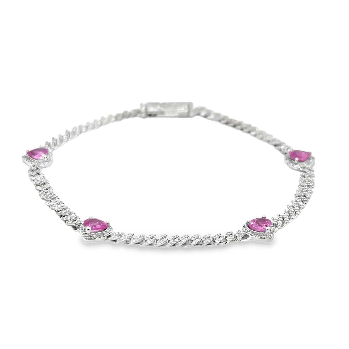 14KT GOLD PINK SAPPHIRE AND DIAMONDS HEART CUBAN BRACELET