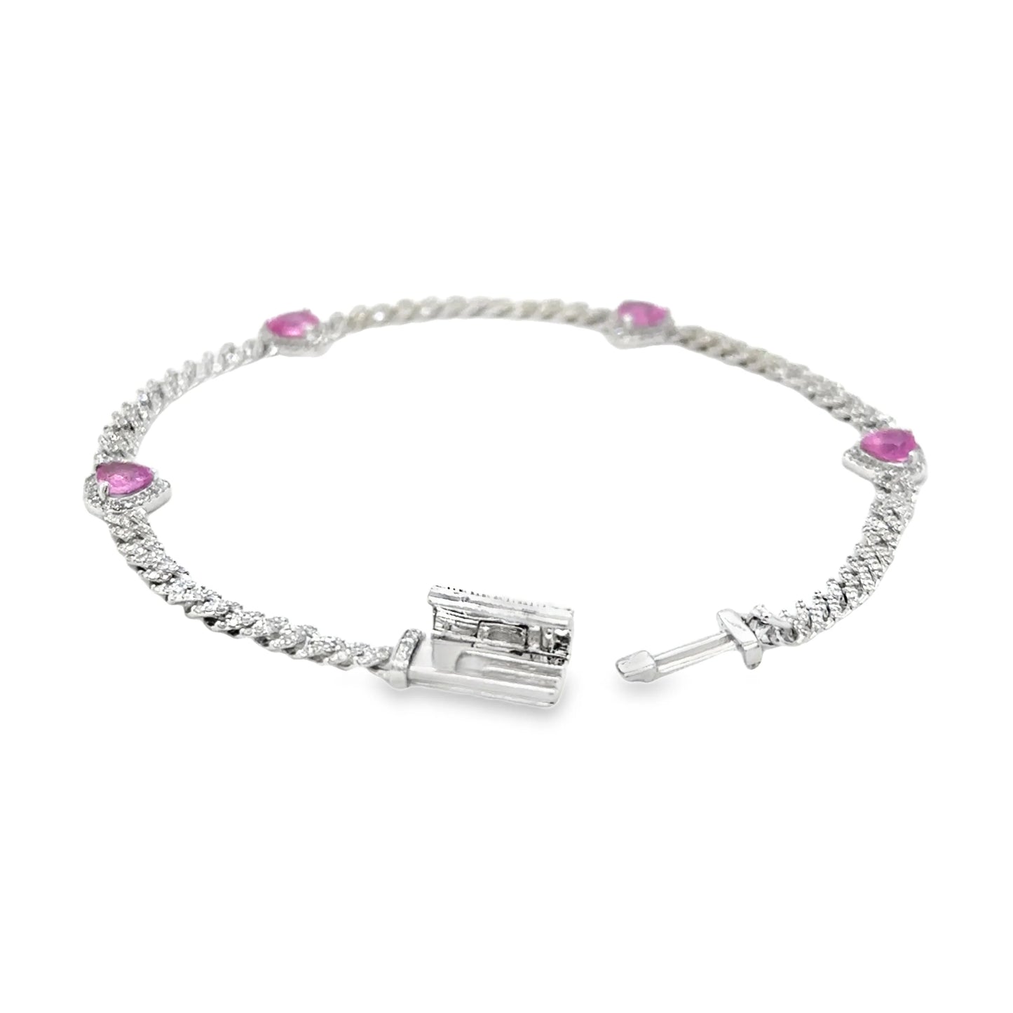 14KT GOLD PINK SAPPHIRE AND DIAMONDS HEART CUBAN BRACELET