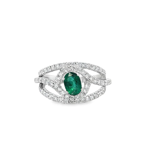 18KT WHITE GOLD EMERALD AND DIAMONDS RING
