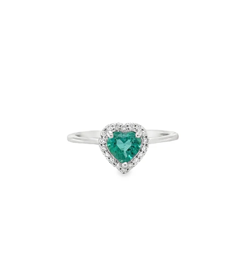 18KT WHITE GOLD HEART SHAPED EMERALD AND DIAMONDS RING