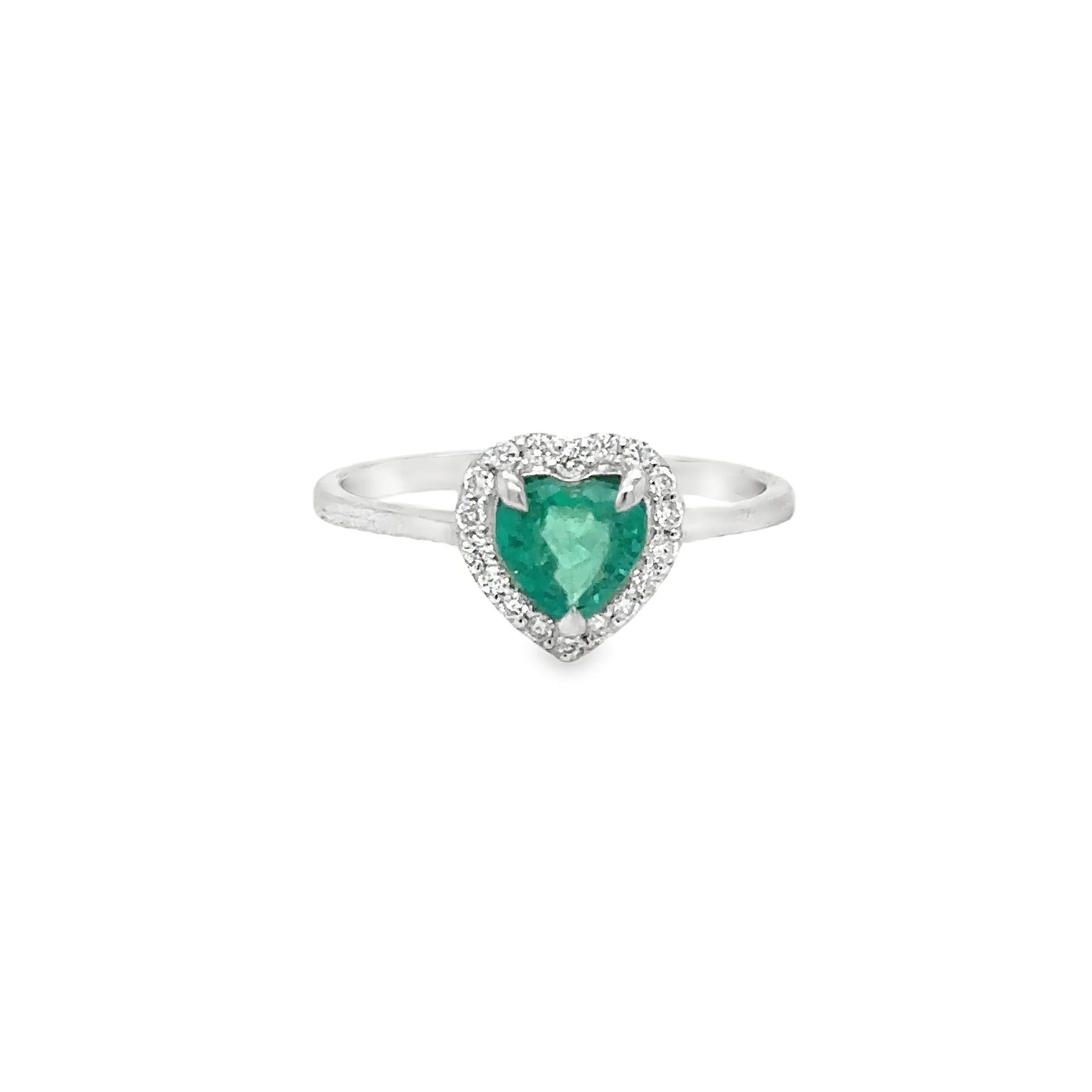 18KT WHITE GOLD HEART SHAPED EMERALD DIAMOND RING