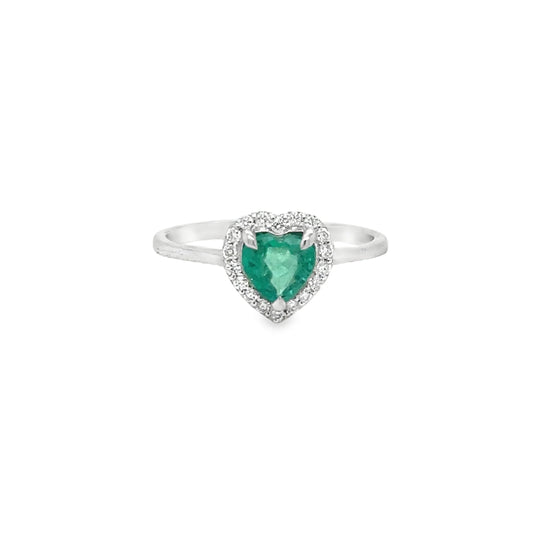 18KT WHITE GOLD HEART SHAPED EMERALD DIAMOND RING