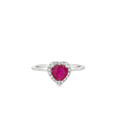 18KT WHITE GOLD HEART SHAPED RUBY AND DIAMONDS RING