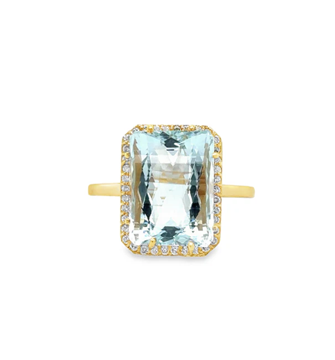 18KT YELLOW GOLD AQUAMARINE AND DIAMONDS RING