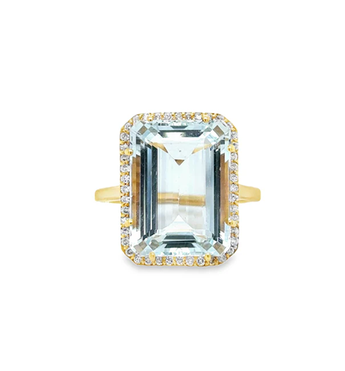 18KT YELLOW GOLD AQUAMARINE AND DIAMONDS RING