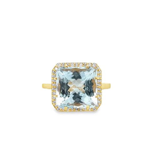 18KT YELLOW GOLD AQUAMARINE AND DIAMONDS RING