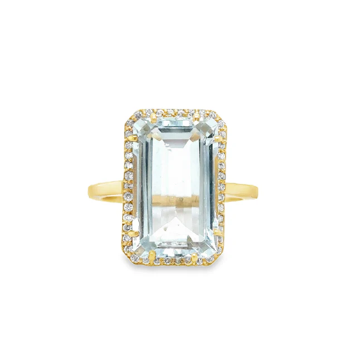 18KT YELLOW GOLD AQUAMARINE AND DIAMONDS RING