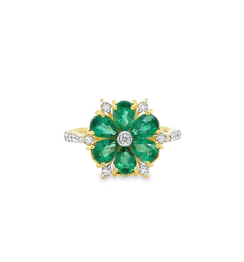 18KT YELLOW GOLD EMERALD AND DIAMONDS FLOWER RING