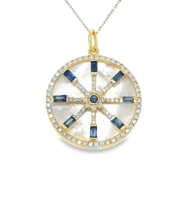 14KT YELLOW GOLD MOTHER OF PEARL PENDANT WITH SAPPHIRE AND DIAMONDS