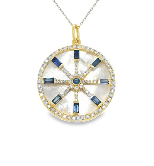 14KT YELLOW GOLD MOTHER OF PEARL PENDANT WITH SAPPHIRE AND DIAMONDS