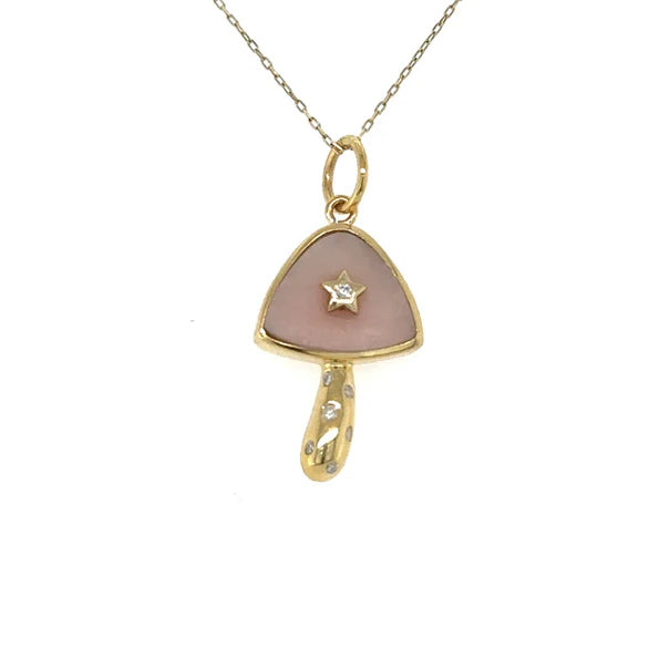 14KT YELLOW GOLD PINK OPAL MUSHROOM STAR PENDANT WITH DIAMONDS