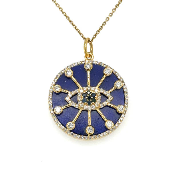 14KT YELLOW GOLD LAPIS EVIL EYE PENDANT WITH DIAMONDS