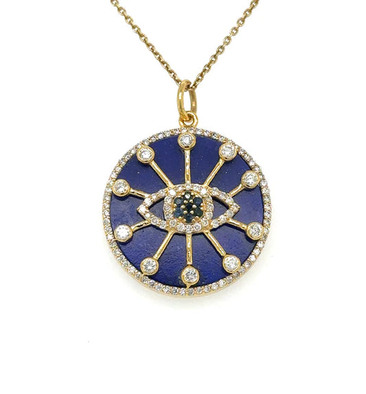 14KT YELLOW GOLD LAPIS EVIL EYE PENDANT WITH DIAMONDS