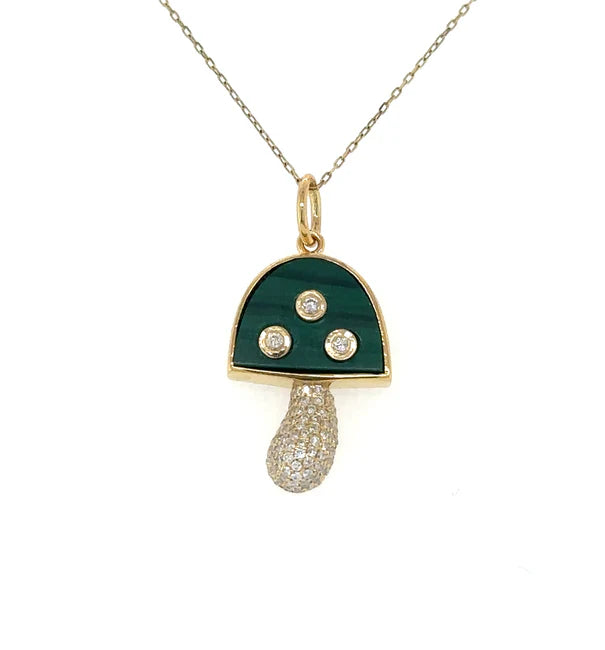 14KT YELLOW GOLD MALACHITE MUSHROOM PENDANT WITH DIAMONDS