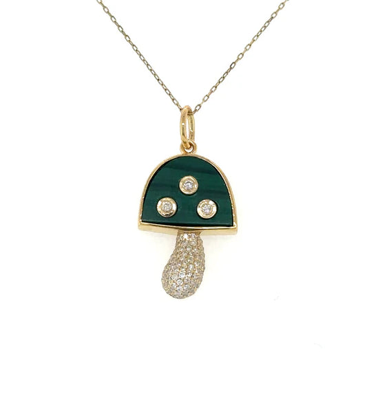 14KT YELLOW GOLD MALACHITE MUSHROOM PENDANT WITH DIAMONDS