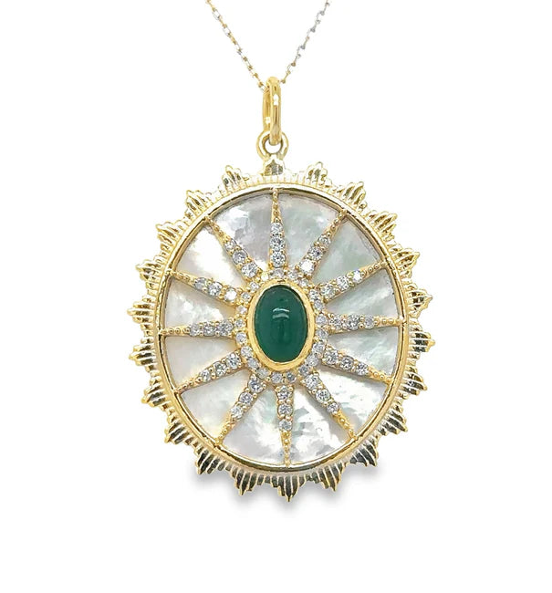 14KT YELLOW GOLD MOTHER OF PEARL PENDANT WITH EMERALD AND DIAMONDS