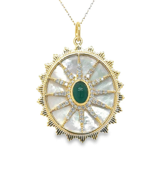 14KT YELLOW GOLD MOTHER OF PEARL PENDANT WITH EMERALD AND DIAMONDS