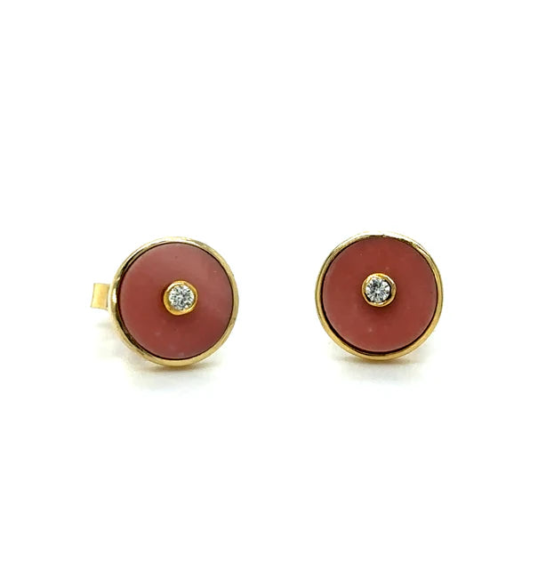 14KT YELLOW GOLD PINK OPAL WITH DIAMOND ROUND EARRING