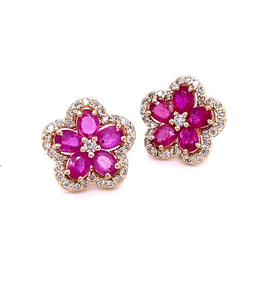 14KT YELLOW GOLD FLOWER RUBY DIAMOND EARRING