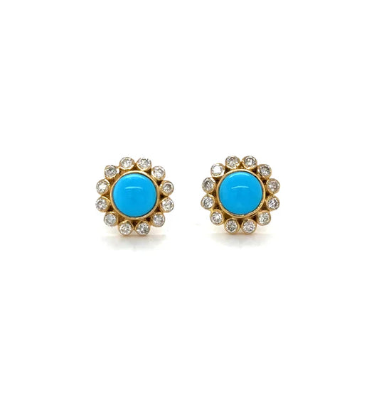 18KT YELLOW GOLD TURQUOISE AND DIAMOND ROUNG EARRINGS 11 MM