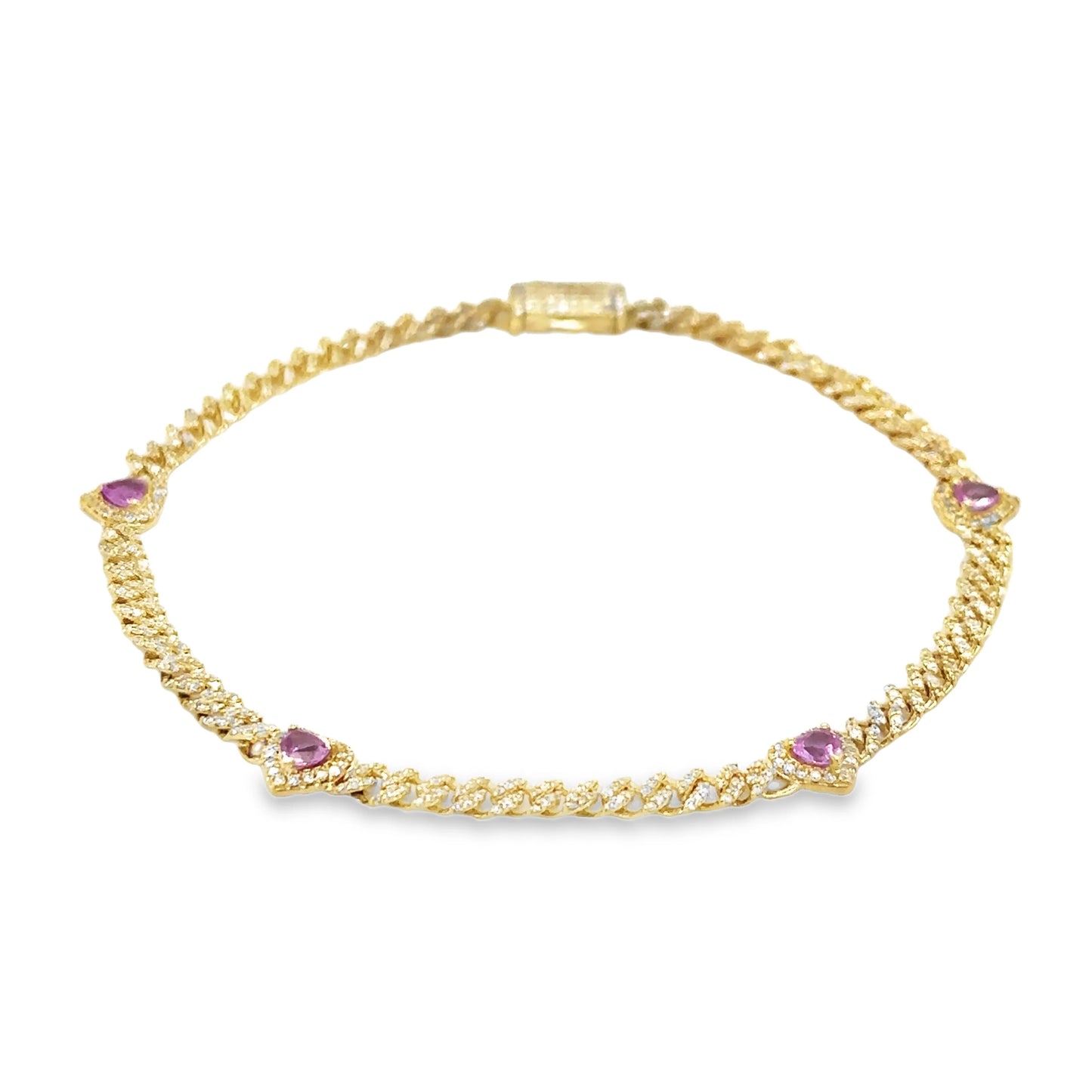 14KT GOLD PINK SAPPHIRE AND DIAMONDS HEART CUBAN BRACELET