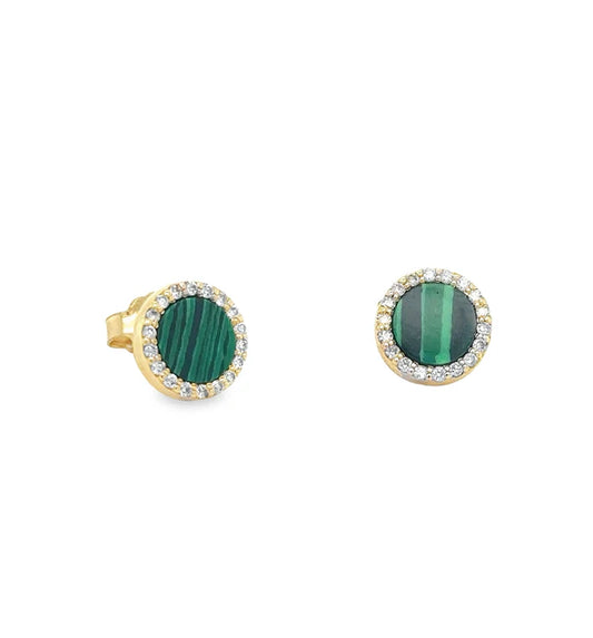 14KT YELLOW GOLD MALACHITE WITH DIAMONDS ROUND EARRING