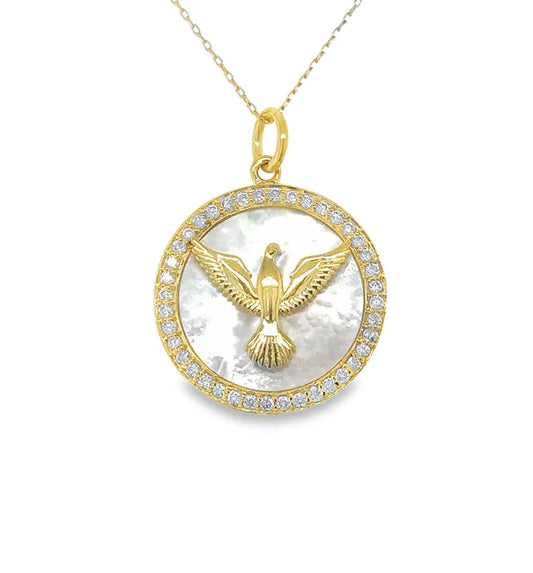 14KT YELLOW GOLD MOTHER OF PEARL BIRD PENDANT WITH DIAMONDS