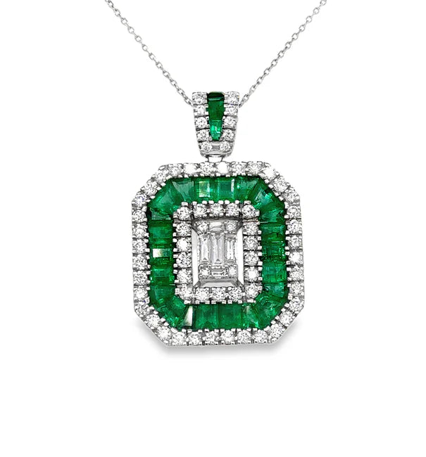 14KT WHITE GOLD EMERALD AND DIAMONDS PENDANT