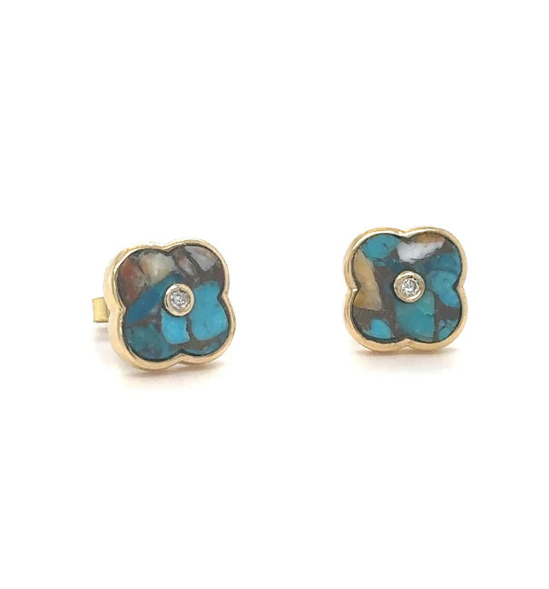 14KT YELLOW GOLD OYSTER TURQUOISE AND DIAMOND CLOVER EARRING