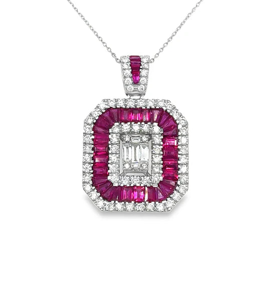 14KT WHITE GOLD RUBY AND DIAMONDS PENDANT