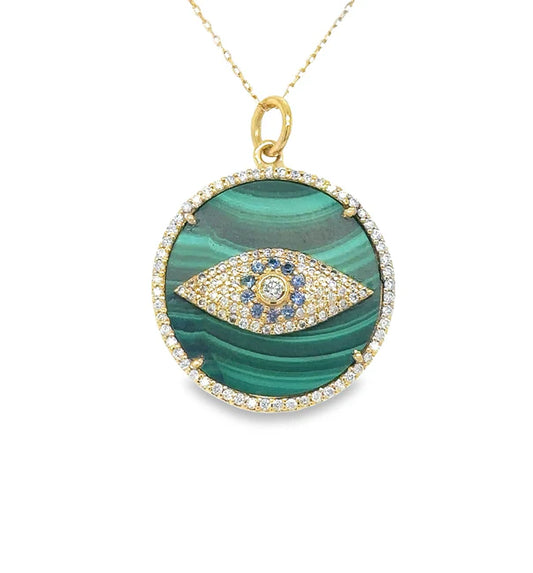 14KT YELLOW GOLD MALACHITE EVIL EYE PENDANT WITH SAPPHIRE AND DIAMONDS