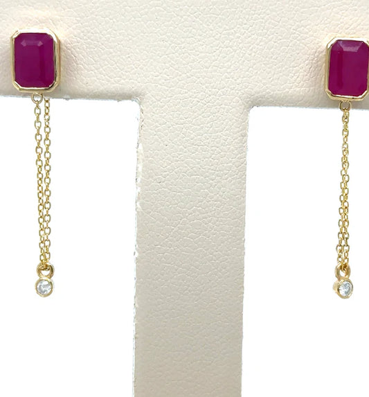 14KT YELLOW GOLD RUBY EMERALD CUT EARRING
