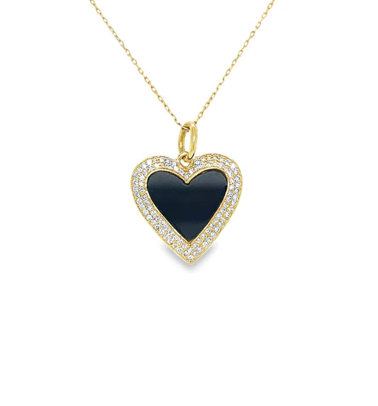 14KT YELLOW GOLD BLACK ONYX HEART PENDANT WITH DIAMONDS