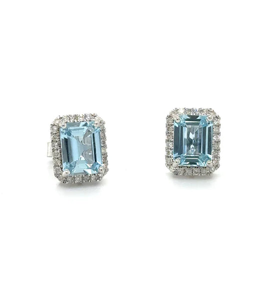 14K WHITE GOLD AQUAMARINE WITH DIAMONDS EARRING