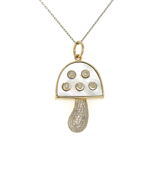 14KT YELLOW GOLD CLEAR QUARTZ MUSHROOM PENDANT WITH DIAMONDS