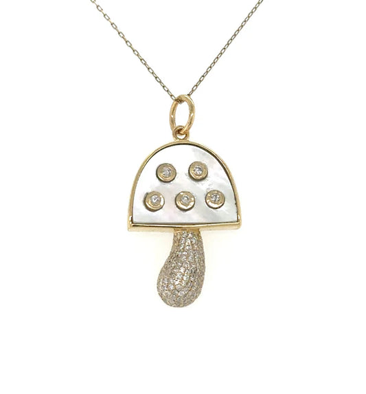 14KT YELLOW GOLD CLEAR QUARTZ MUSHROOM PENDANT WITH DIAMONDS