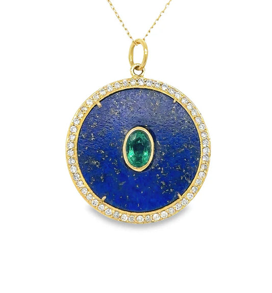 14KT YELLOW GOLD LAPIS PENDANT WITH EMERALD AND DIAMONDS