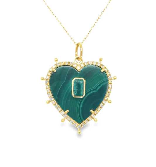 14KT YELLOW GOLD MALACHITE HEART PENDANT WITH EMERALD AND DIAMONDS