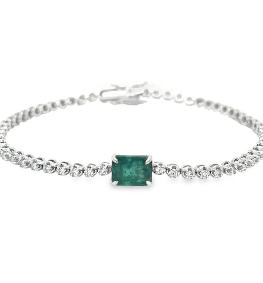 14KT WHITE GOLD EMERALD OCT AND DIAMOND TENNIS BRACELET