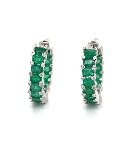 18KT WHITE GOLD EMERALD AND DIAMOND HOOP EARRING