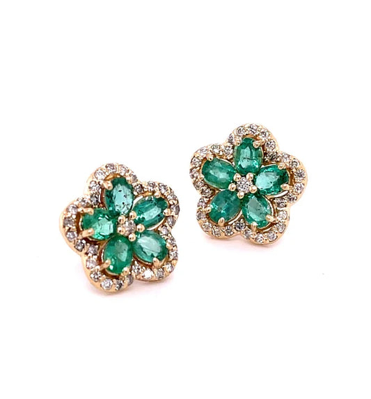 14KT YELLOW GOLD FLOWER EMERALD DIAMOND EARRING
