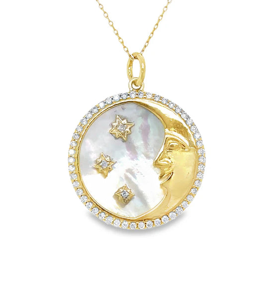 14KT YELLOW GOLD STAR MOON MOTHER OF PEARL PENDANT WITH DIAMONDS