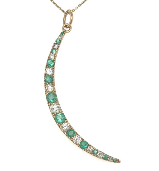 14KT YELLOW GOLD HALF MOON PENDANT WITH EMERALD AND DIAMONDS