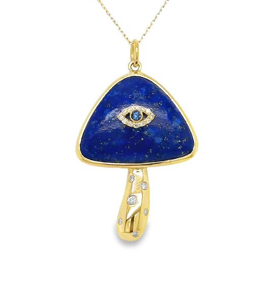 14KT YELLOW GOLD LAPIS MUSHROOM PENDANT WITH DIAMONDS