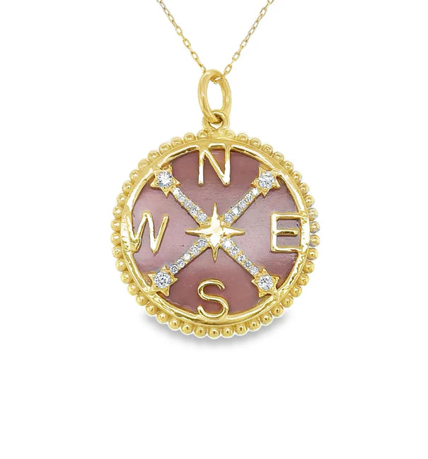 14KT YELLOW GOLD PINK OPAL COMPASS PENDANT WITH DIAMONDS