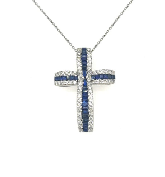 14KT YELLOW GOLD SAPPHIRE AND DIAMONDS CROSS PENDANT