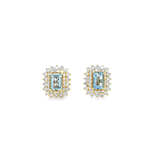 14KT YELLOW GOLD AQUAMARINE AND DIAMONDS STUD EARRING